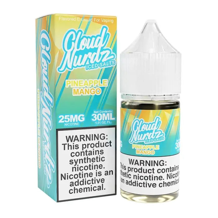 E-liquid bottle and packaging for ’Cloud Nurdz’ brand in Pineapple Mango flavor, with warning labels about nicotine content.