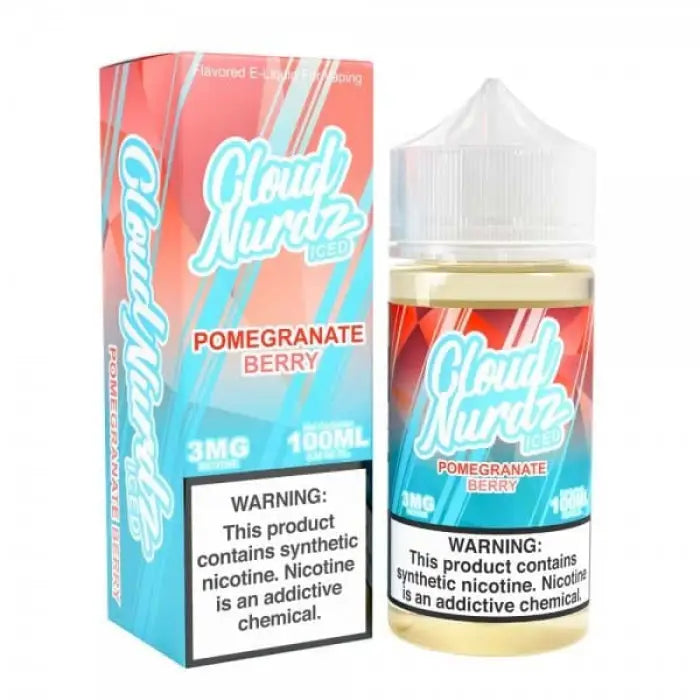 E-liquid bottle and packaging for ’Cloud Nurdz’ pomegranate berry flavor vape juice.