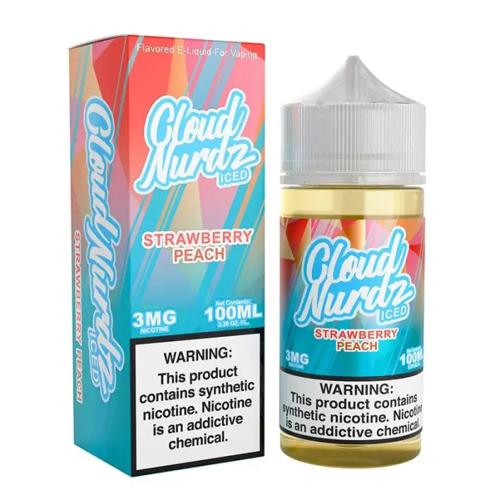 E-liquid bottle and packaging for ’Cloud Nurdz’ strawberry peach flavored vape juice.