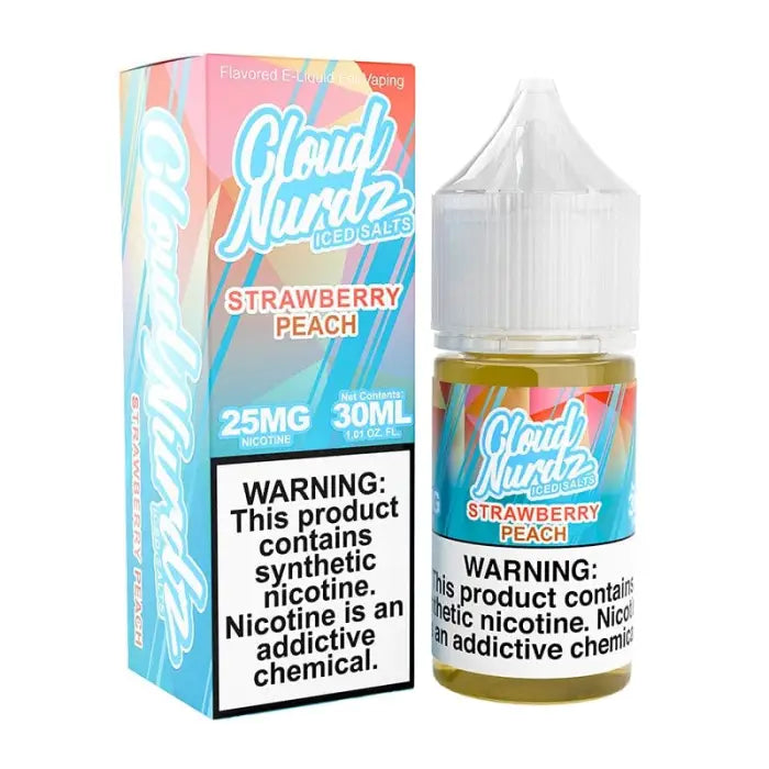 E-liquid bottle and packaging for ’Cloud Nurdz’ strawberry peach flavored vape juice.