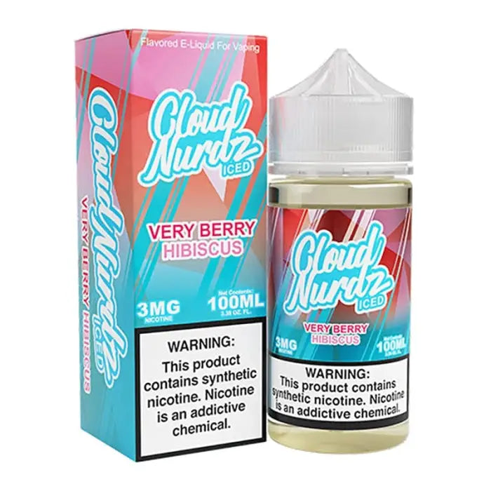 E-liquid bottle and packaging for Cloud Nurdz Very Berry Hibiscus flavor vape juice.