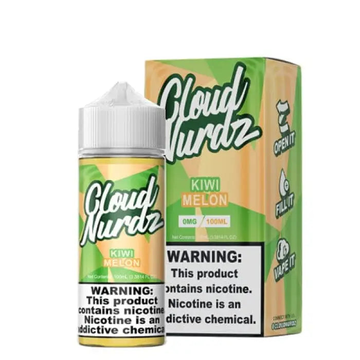 Bottle and packaging of Cloud Nurdz e-liquid in Kiwi Melon flavor with warning labels.