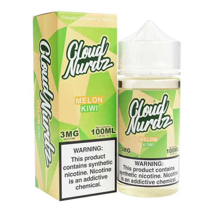 E-liquid bottle and packaging for ’Cloud Nurdz’ melon kiwi flavor vape juice.