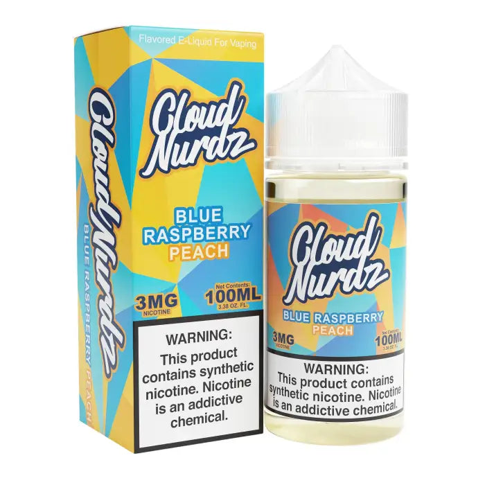 E-liquid bottle and packaging for Cloud Nurdz Blue Raspberry Peach flavor vape juice.