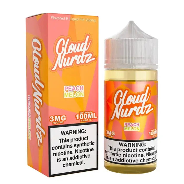 E-liquid bottle and packaging for ’Cloud Nurdz’ peach melon flavor vape juice.