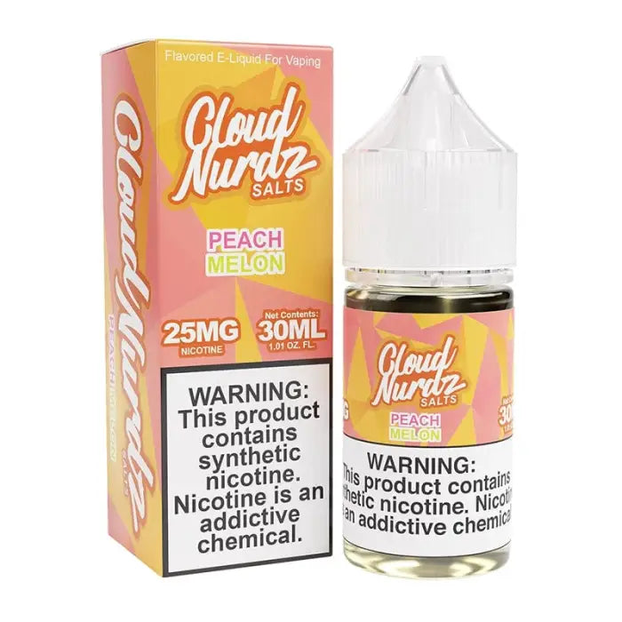 Bottle of Cloud Nurdz Salts e-liquid in Peach Melon flavor with 25mg nicotine strength.