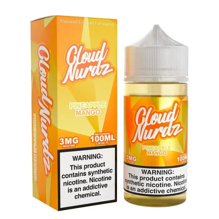 E-liquid bottle and packaging for ’Cloud Nurdz’ brand in pineapple mango flavor.