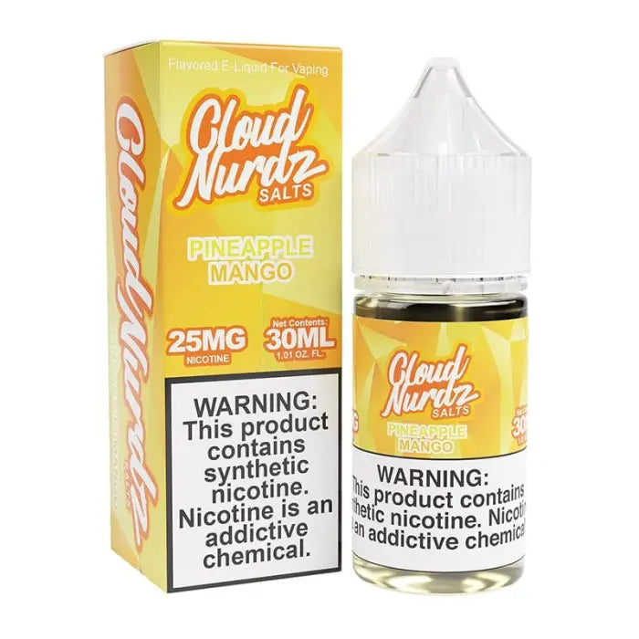 E-liquid bottle and packaging for Cloud Nurdz Salts in Pineapple Mango flavor, with nicotine warning labels.