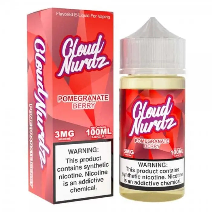 E-liquid bottle and packaging for Cloud Nurdz Pomegranate Berry flavor vape juice.