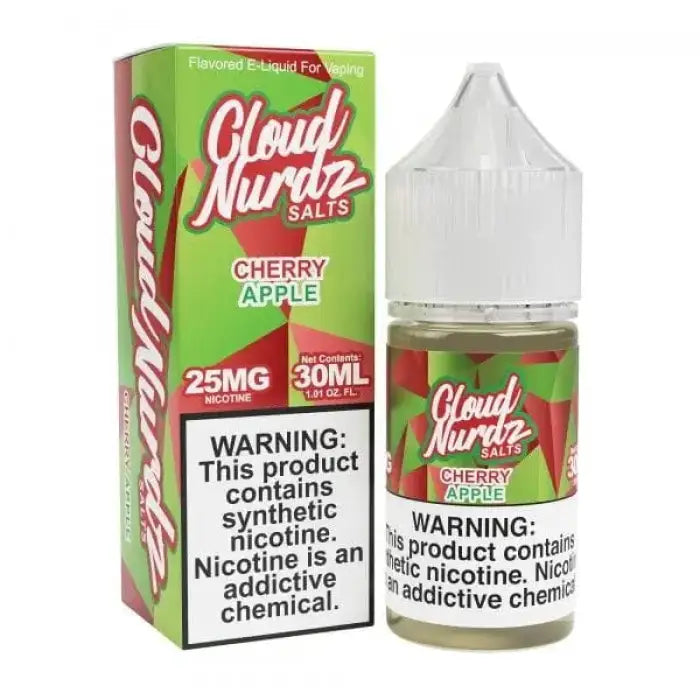 E-liquid bottle and packaging for Cloud Nurdz Salts Cherry Apple flavor vape juice.