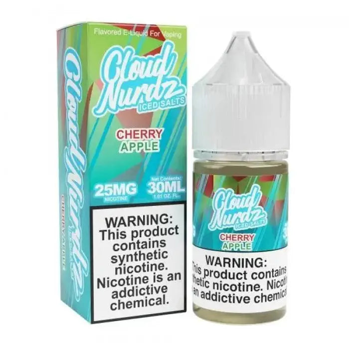 E-liquid bottle and packaging for Cloud Nurdz Cherry Apple flavor vape juice.