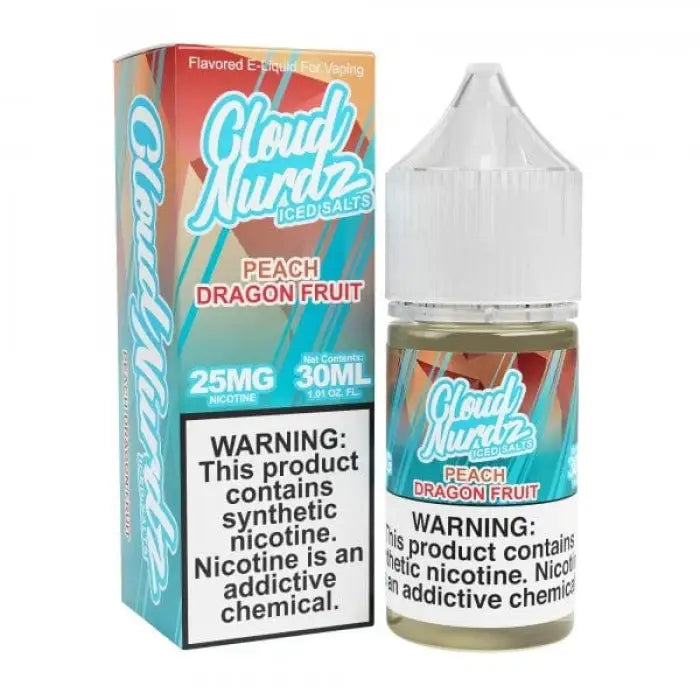 E-liquid bottle and packaging for Cloud Nurdz Peach Dragon Fruit flavor vape juice.