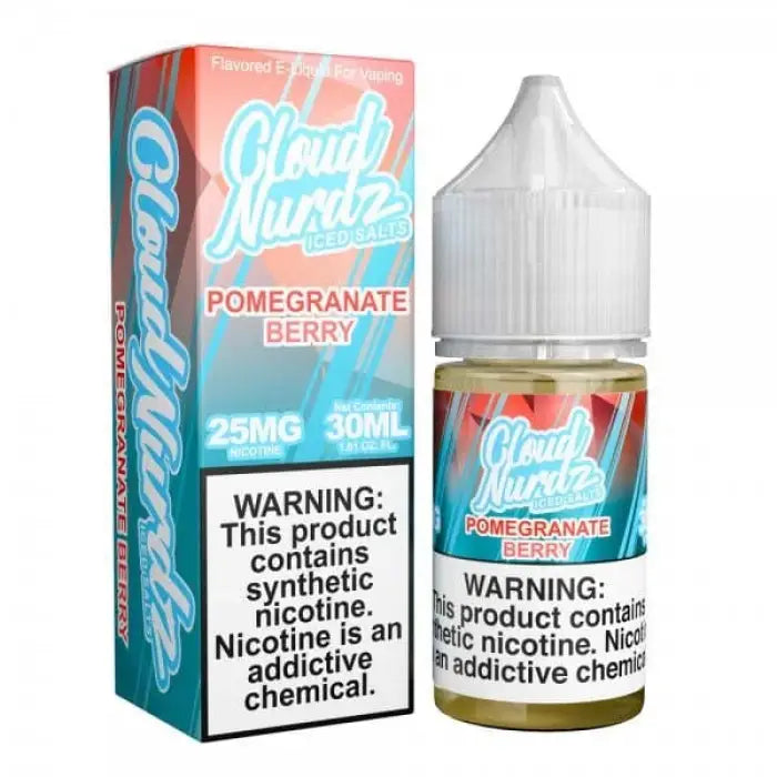 E-liquid bottle and packaging for ’Cloud Nurdz’ pomegranate berry flavor vape juice.