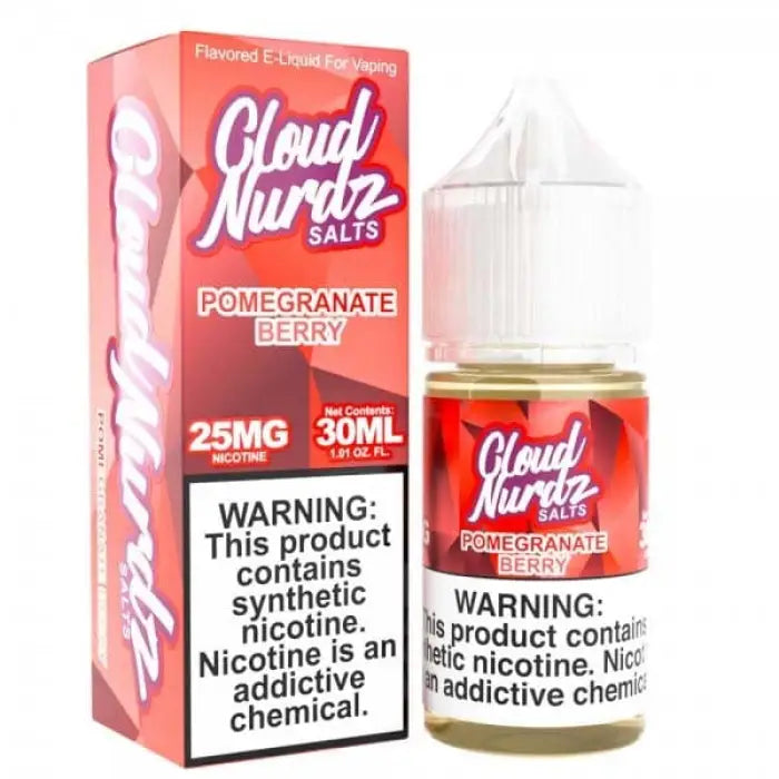 E-liquid bottle and packaging for Cloud Nurdz Salts in Pomegranate Berry flavor.