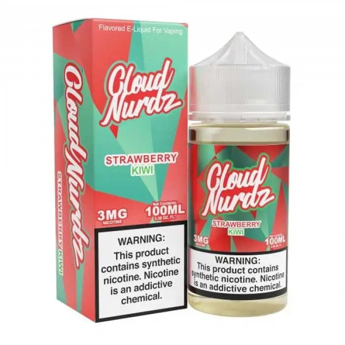 E-liquid bottle and packaging for Cloud Nurdz Strawberry Kiwi flavor vape juice.