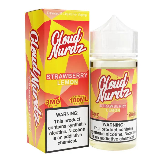 E-liquid bottle and packaging for Cloud Nurdz Strawberry Lemon flavor vape juice.