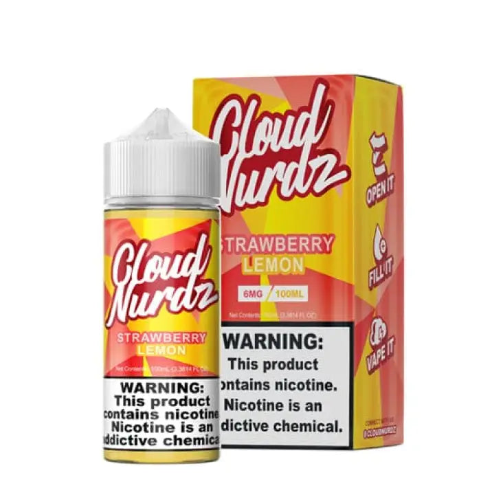 Bottle and packaging of Cloud Nurdz e-liquid in Strawberry Lemon flavor with warning labels.