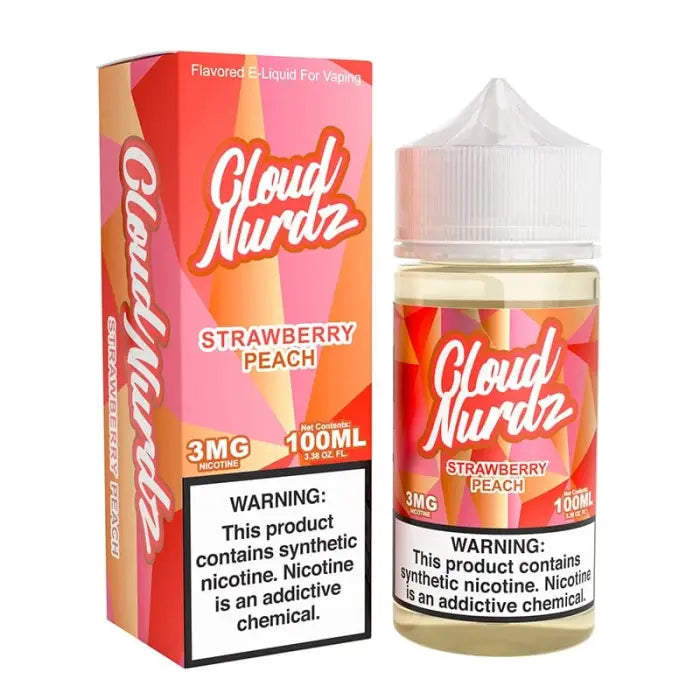 E-liquid bottle and packaging for ’Cloud Nurdz’ strawberry peach flavored vape juice.