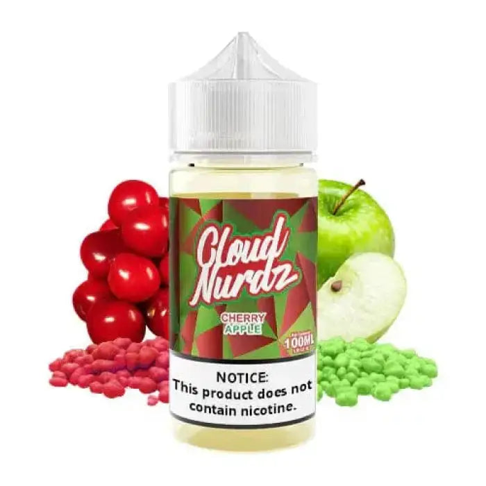 Bottle of e-liquid labeled ’Cloud Nurdz Cherry Apple’ with fruit imagery.