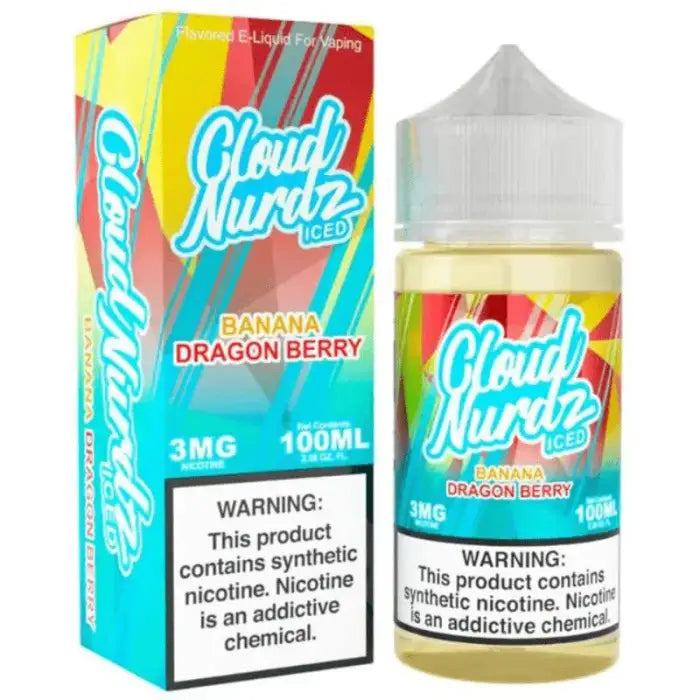 Colorful e-liquid bottle and packaging for ’Cloud Nurdz Iced’ in Banana Dragon Berry flavor.