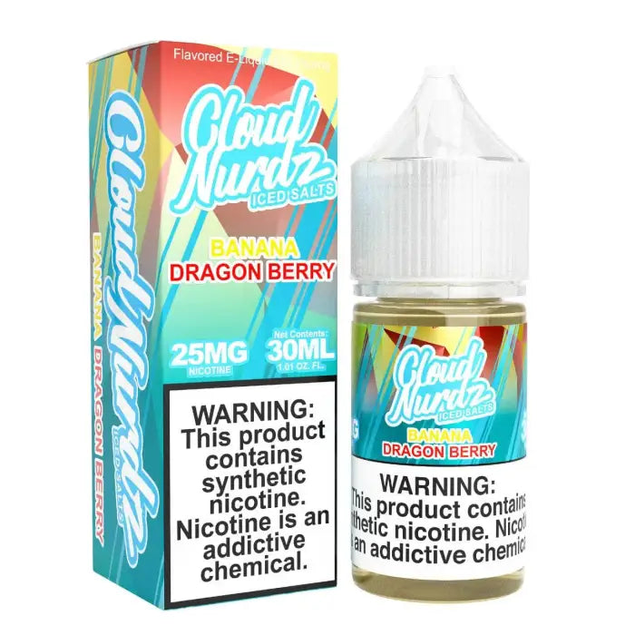 E-liquid bottle and packaging for ’Cloud Nurdz’ brand vape juice in Banana Dragon Berry flavor.