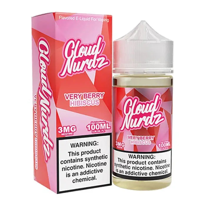 E-liquid bottle and packaging for Cloud Nurdz Veryberry Hibiscus flavor vape juice.