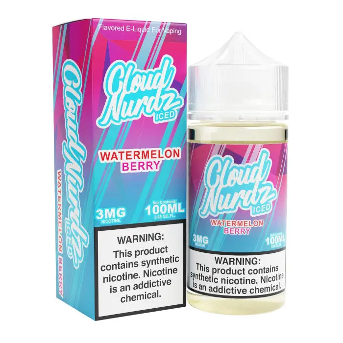 E-liquid bottle and packaging for ’Cloud Nurdz Iced Watermelon Berry’ vape juice.