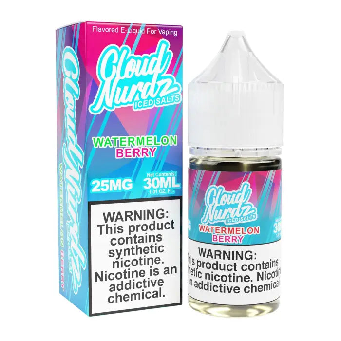 Vaping liquid bottle labeled ’Cloud Nurdz Watermelon Berry’ with its packaging box.