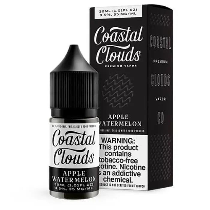 E-liquid bottle and packaging for Coastal Clouds’ Apple Watermelon flavor.