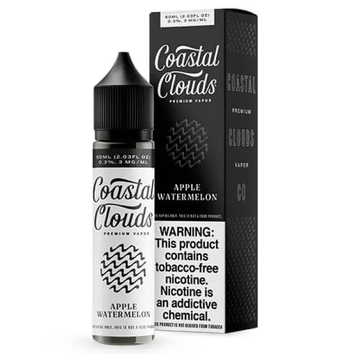 Bottle of ’Coastal Clouds’ e-liquid in Apple Watermelon flavor with its packaging box.