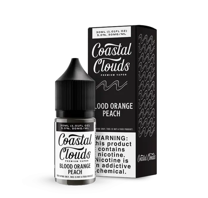 Bottle and packaging for Coastal Clouds e-liquid in Blood Orange Peach flavor.