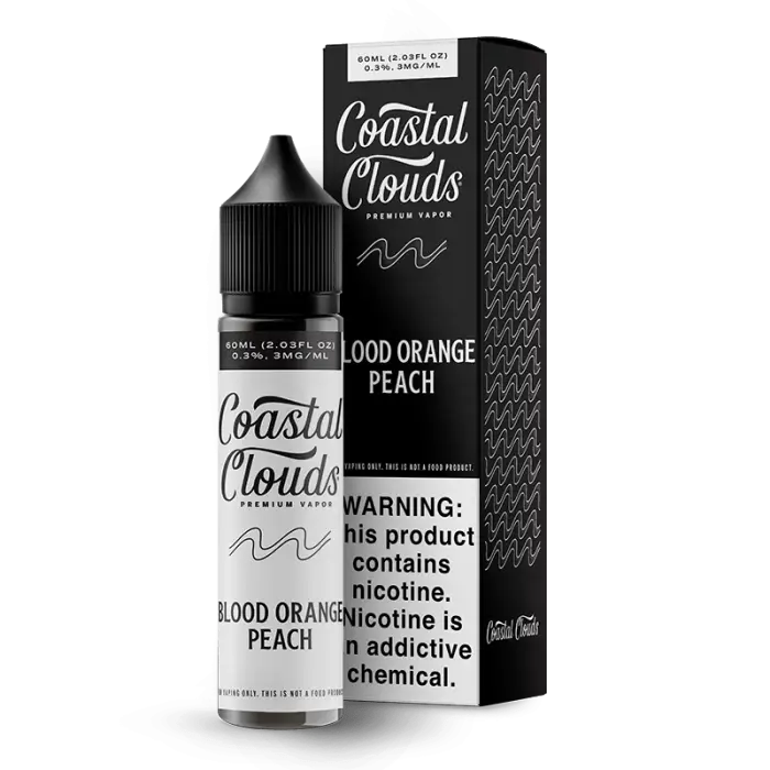 E-liquid bottle and packaging for ’Coastal Clouds’ brand in Blood Orange Peach flavor.