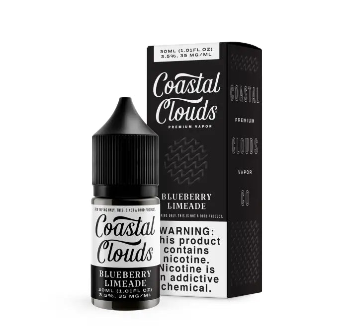 Bottle of Coastal Clouds Blueberry Limeade e-liquid with its packaging box.