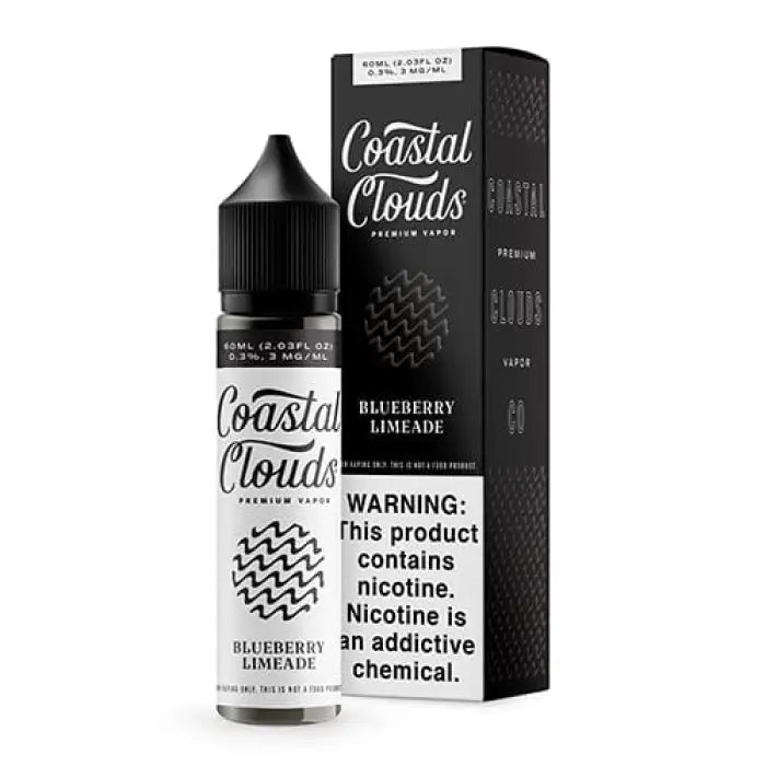 E-liquid bottle and packaging for Coastal Clouds’ Blueberry Limeade flavor.