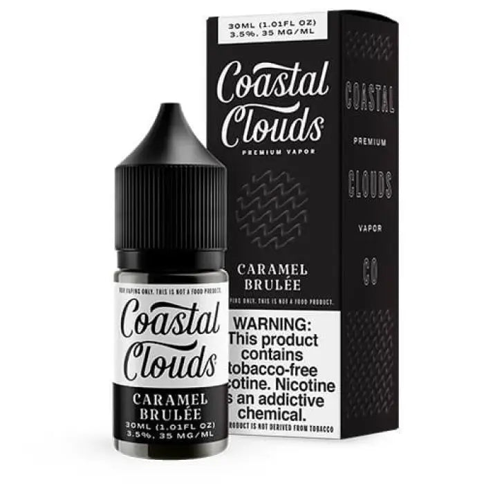 E-liquid bottle and packaging for Coastal Clouds’ Caramel Brulée flavor vape juice.