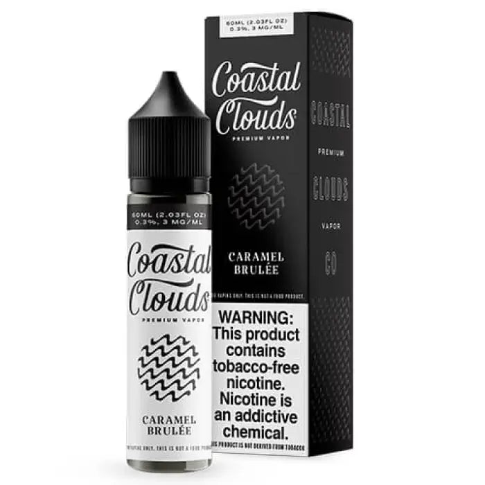 E-liquid bottle and packaging for ’Coastal Clouds’ brand in Caramel Brulee flavor.