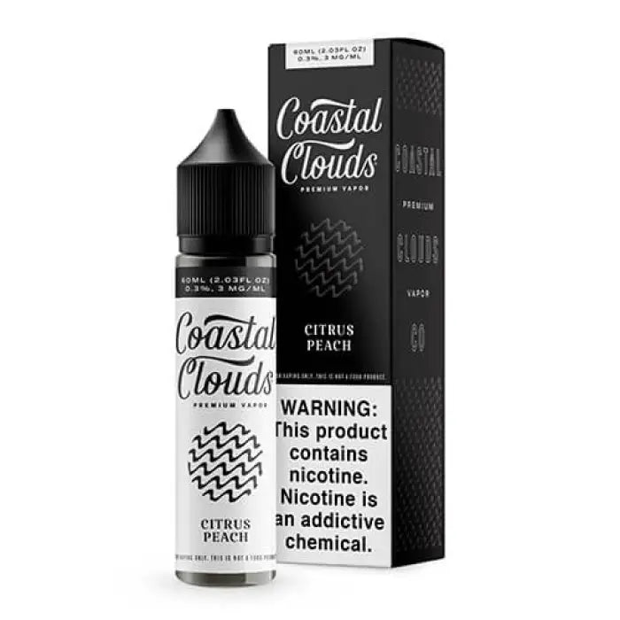 E-liquid bottle and packaging for Coastal Clouds’ Citrus Peach flavor vape juice.