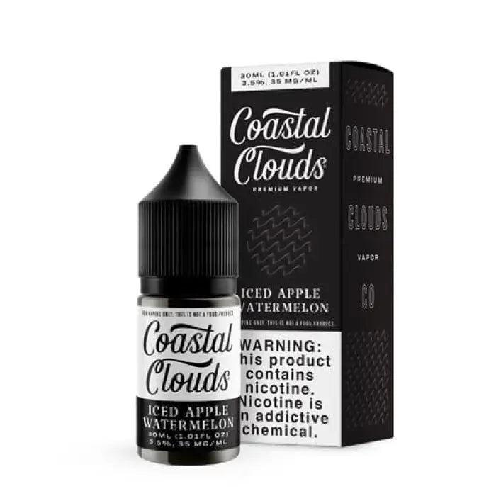 Bottle of Coastal Clouds e-liquid in Iced Apple Watermelon flavor with its packaging box.