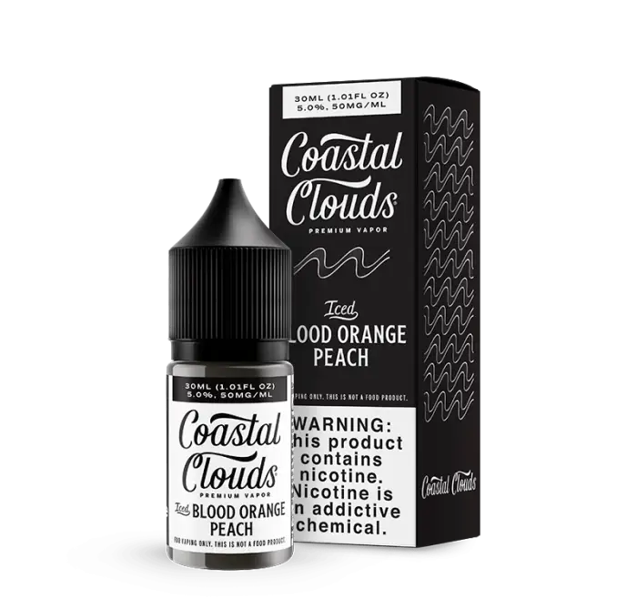 E-liquid bottle and packaging for Coastal Clouds’ Blood Orange Peach flavor.