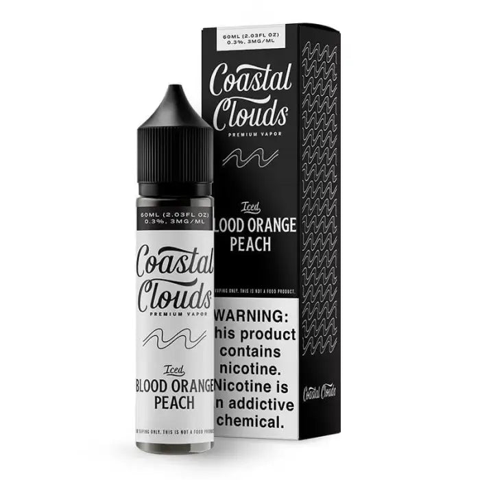 E-liquid bottle and packaging for ’Coastal Clouds’ brand in Blood Orange Peach flavor.