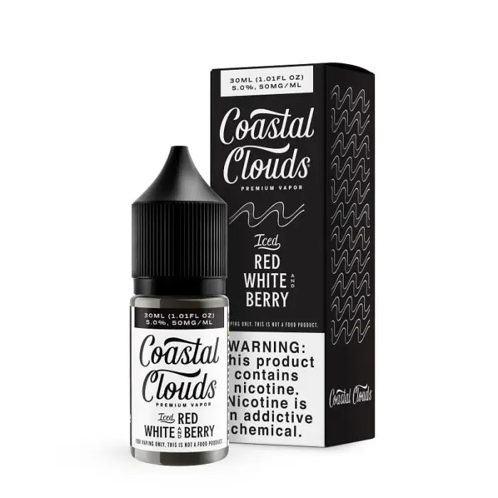 E-liquid bottle and packaging for Coastal Clouds’ Red White & Berry flavor.