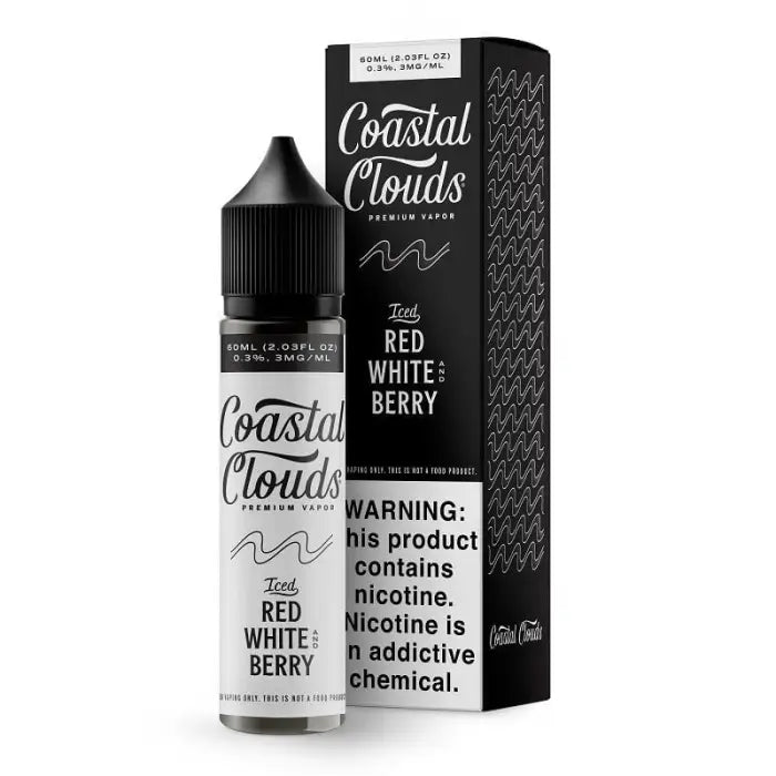 E-liquid bottle and packaging for Coastal Clouds’ Red White Berry flavor.