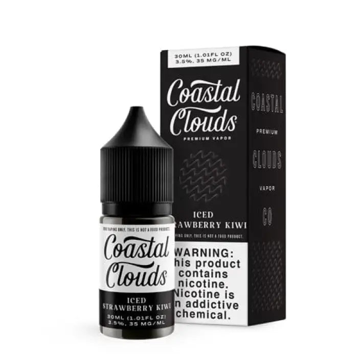 E-liquid bottle and packaging for Coastal Clouds’ Iced Strawberry Kiwi flavor.