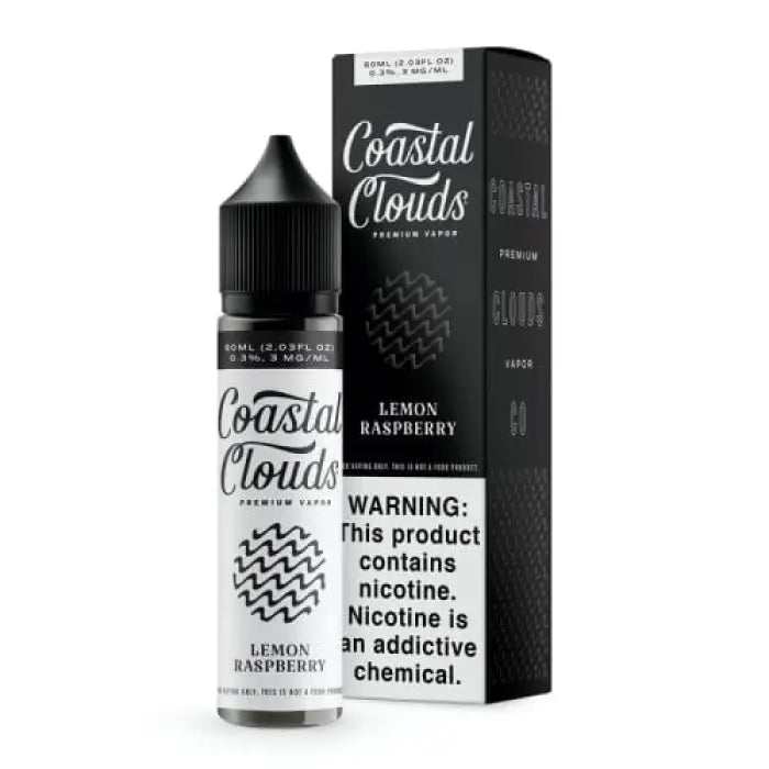 E-liquid bottle and packaging for ’Coastal Clouds’ brand in Lemon Raspberry flavor.