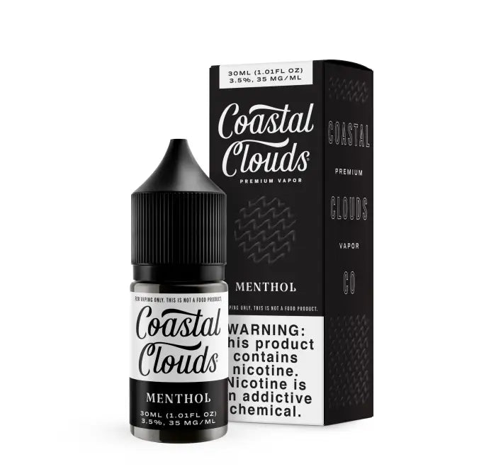 Bottle and packaging for Coastal Clouds menthol-flavored vaping liquid.