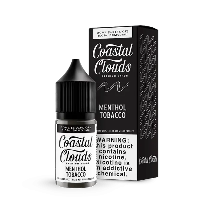 Bottle and packaging for Coastal Clouds menthol tobacco e-liquid.