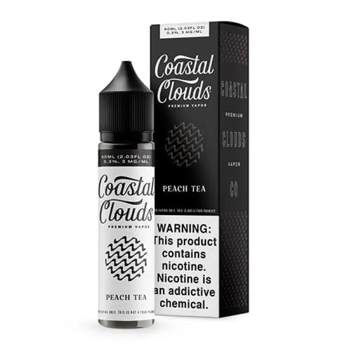 Bottle and packaging of Coastal Clouds Peach Tea e-liquid for vaping.