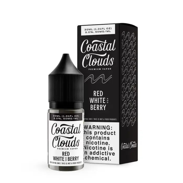 E-liquid bottle and packaging for Coastal Clouds’ Red White Berry flavor.