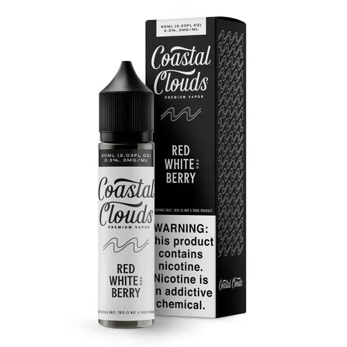 E-liquid bottle and packaging for Coastal Clouds’ Red White Berry flavor.