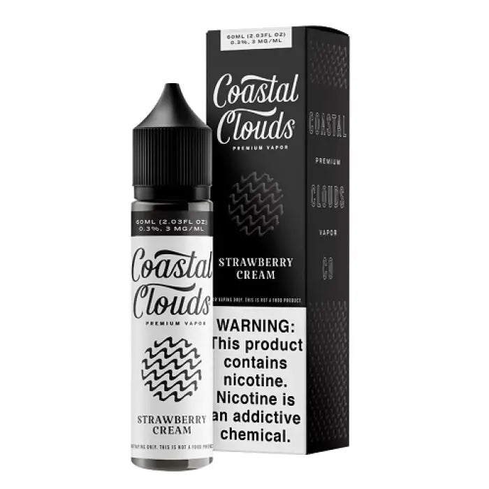 E-liquid bottle and packaging for ’Coastal Clouds’ brand in Strawberry Cream flavor.